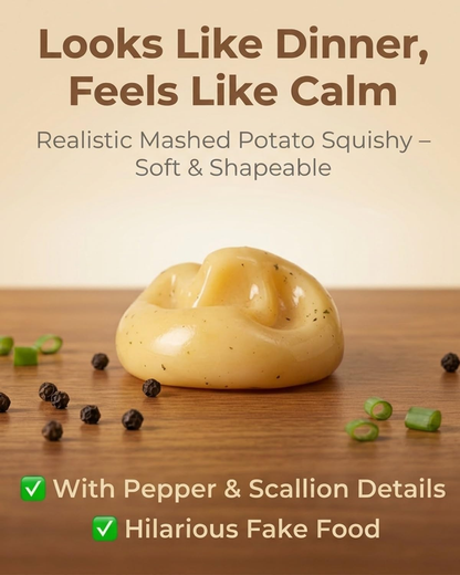 Realistic mashed potato squishy shaped on a wood table with pepper and scallion details