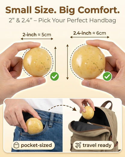 Size comparison of the mashed potato squishy, 2 inch 5 cm and 2.4 inch 6 cm, pocket-sized and travel ready