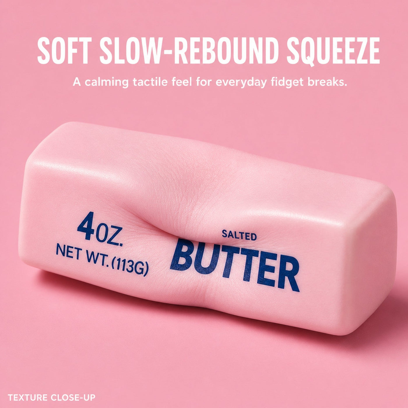 Pink butter squishy slow-rebound texture close-up being pressed