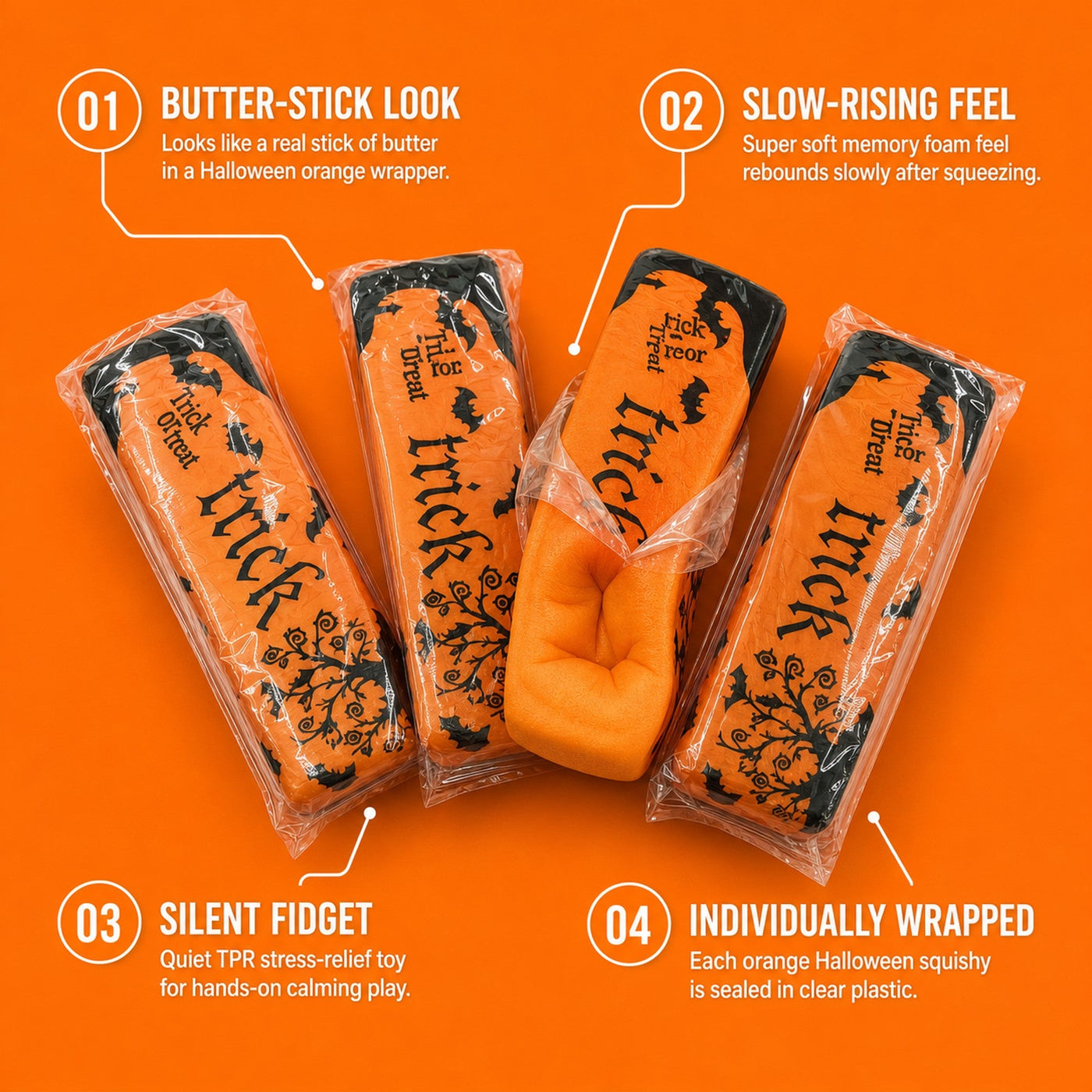 Butter squishy key features: butter-stick look, slow-rising feel, silent fidget, individually wrapped