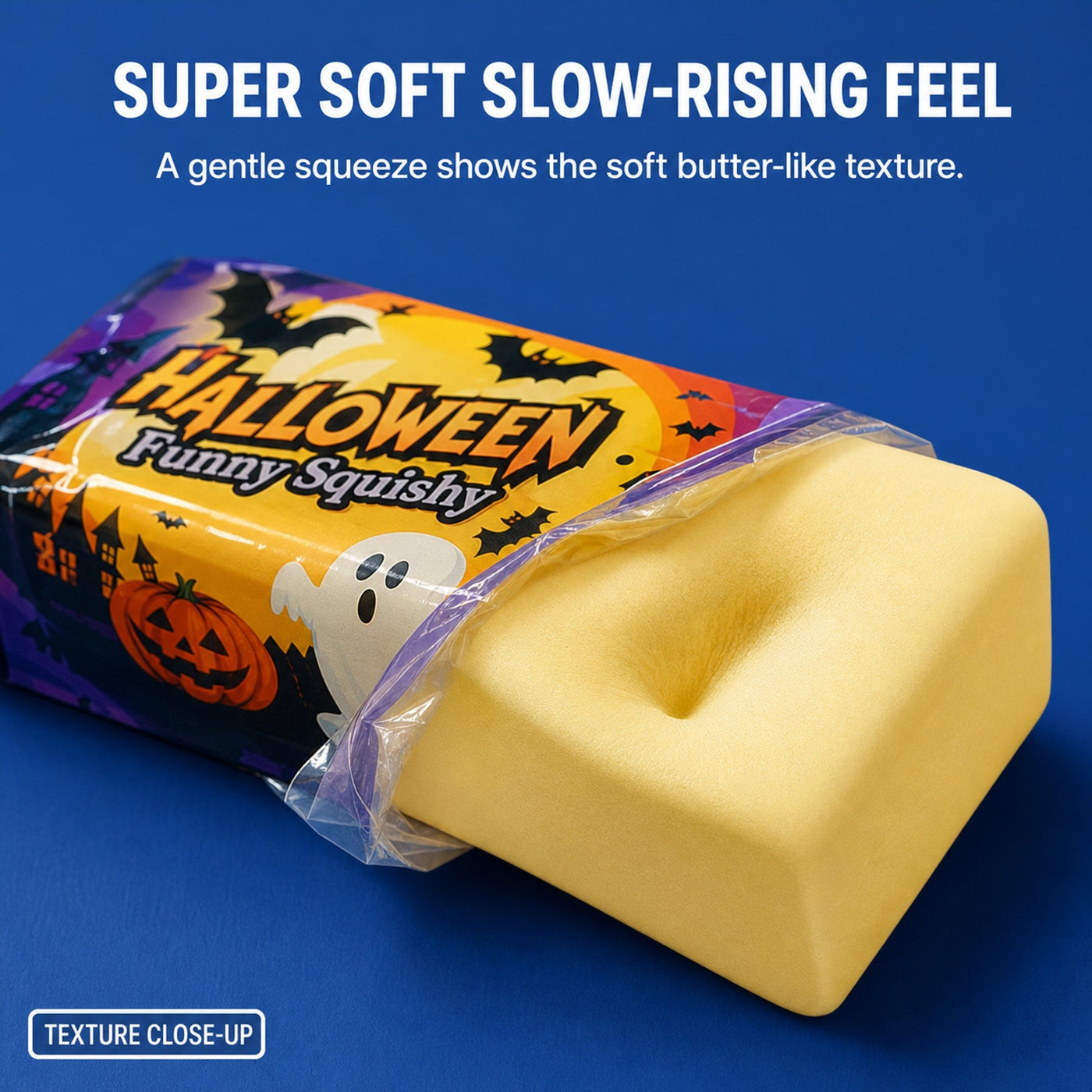 Individually wrapped Halloween butter squishy, soft foam interior