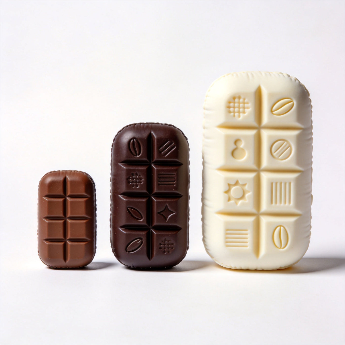 Chocolate bar squishies of different sizes and colors