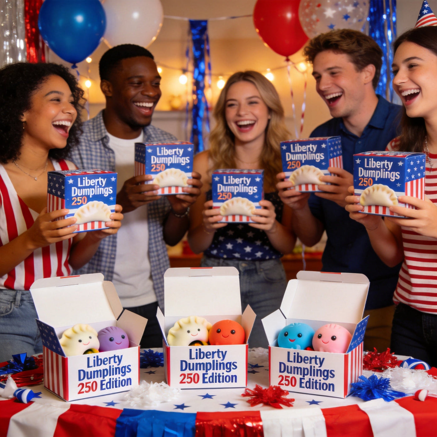 People enjoying Liberty Dumplings patriotic dumpling squishy blind boxes at a July 4th party