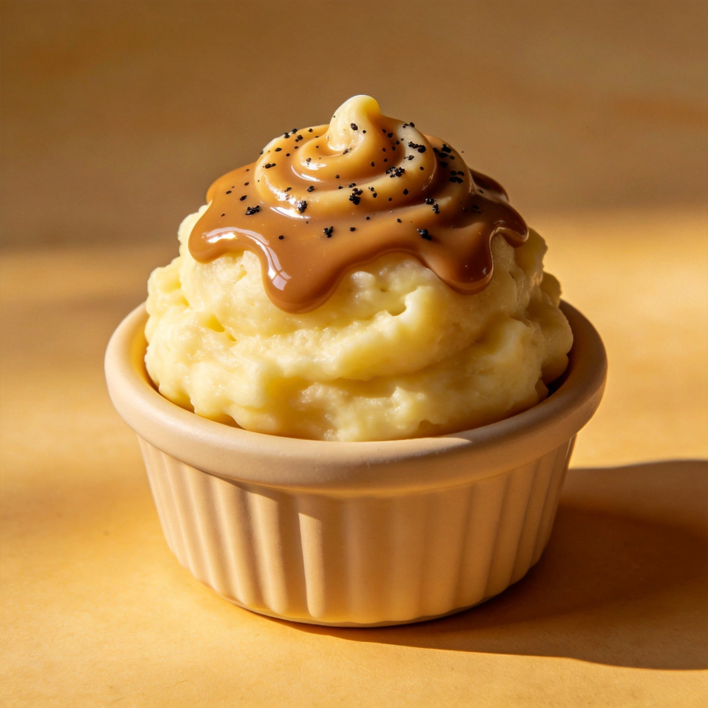 A mashed potato squishy in a ramekin