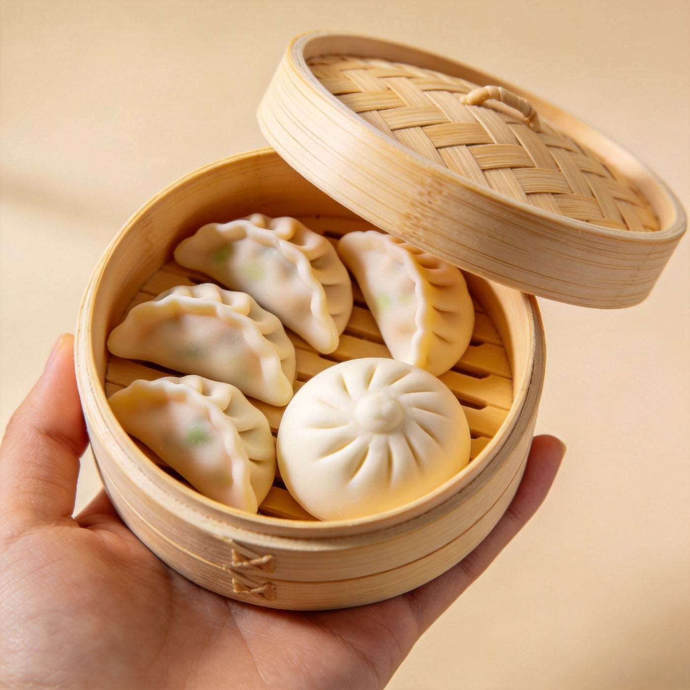A steamer basket with dumpling squishies inside