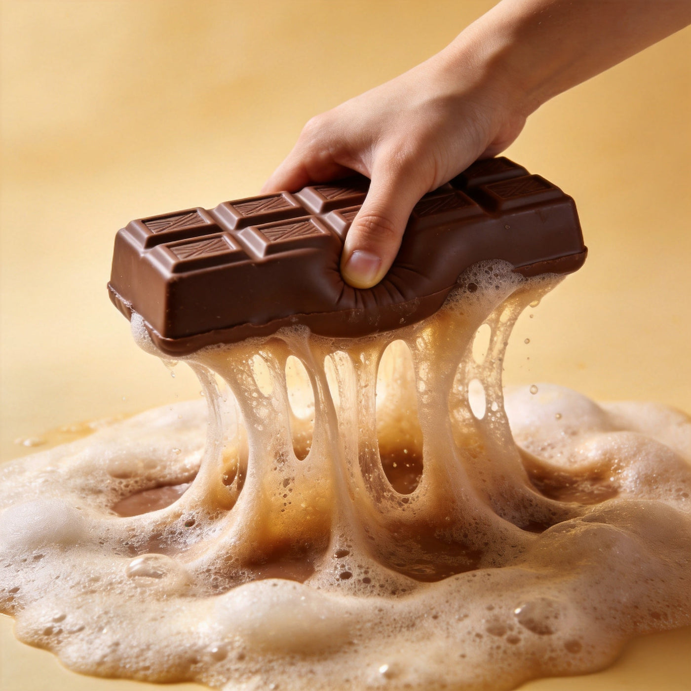 A hand squeezing and releasing a chocolate bar squishy