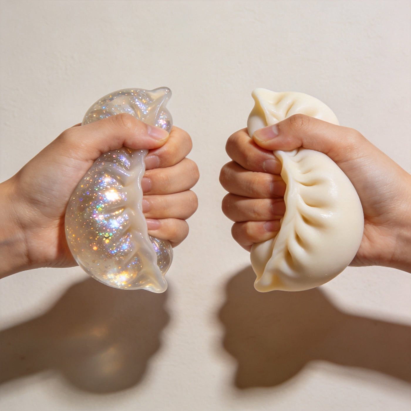 Comparison of glitter and standard dumpling squishies