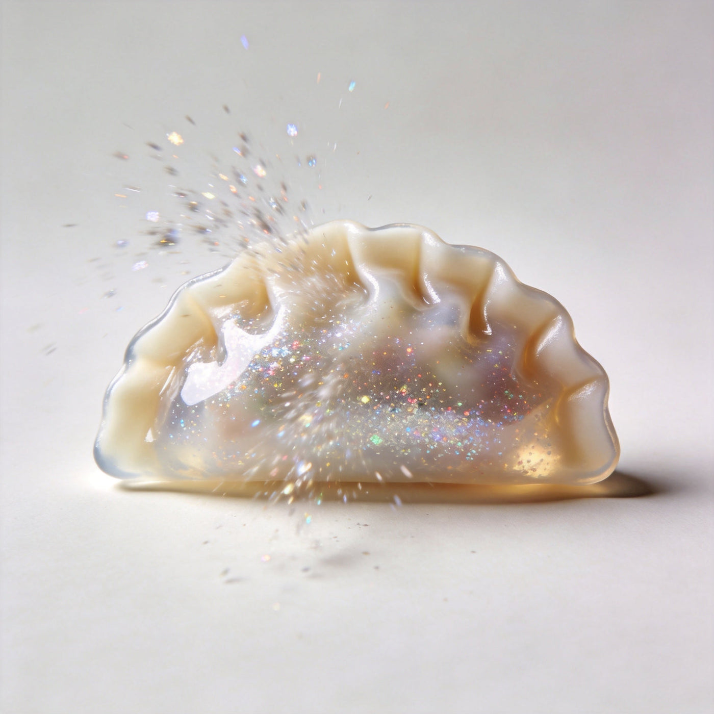 A glitter dumpling squishy with moving glitter inside