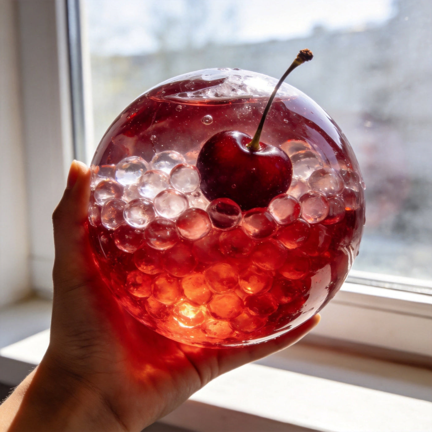 Red cherry crystal slushy ball in the light