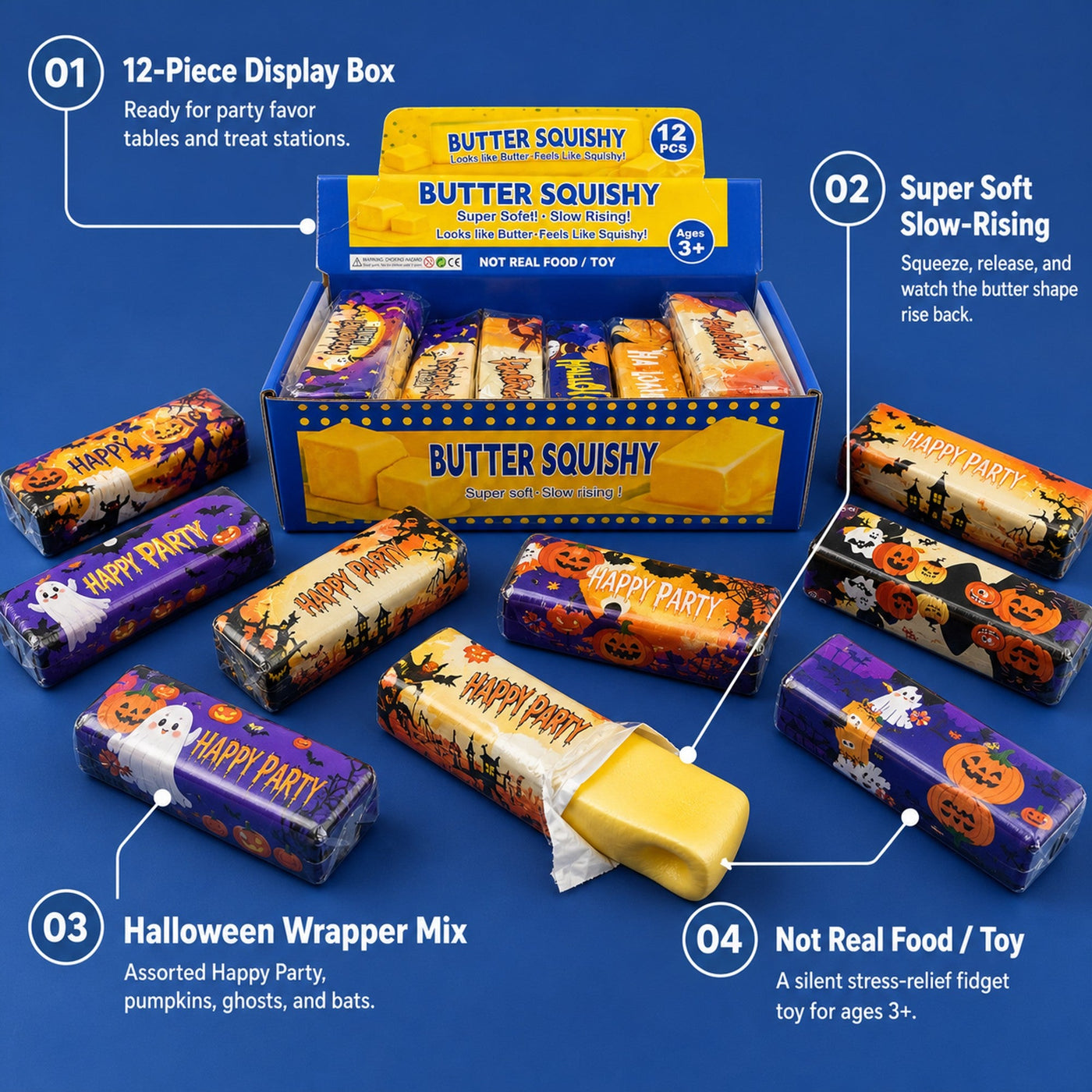 Halloween butter squishy 12-pack display box features