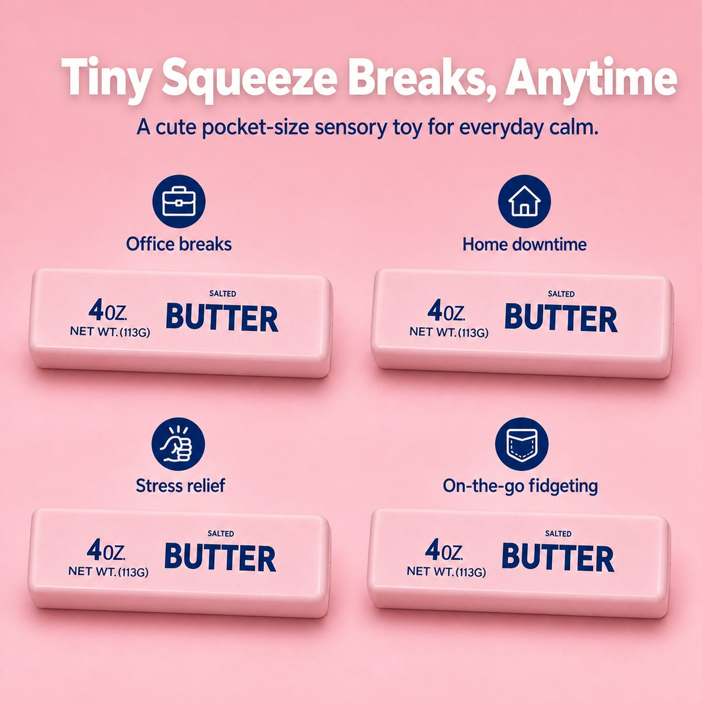 Pink butter squishy on a desk for office breaks, home downtime, and on-the-go fidgeting