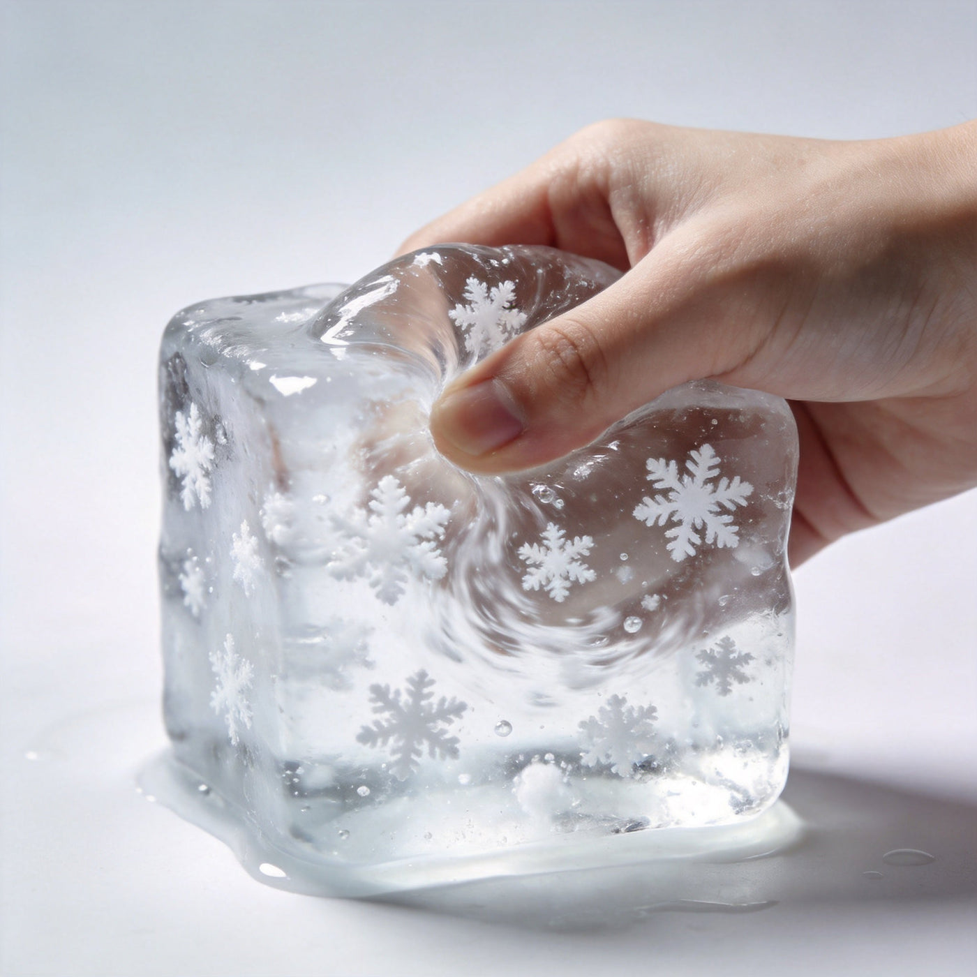 Squeezing the squishy to make snowflakes float
