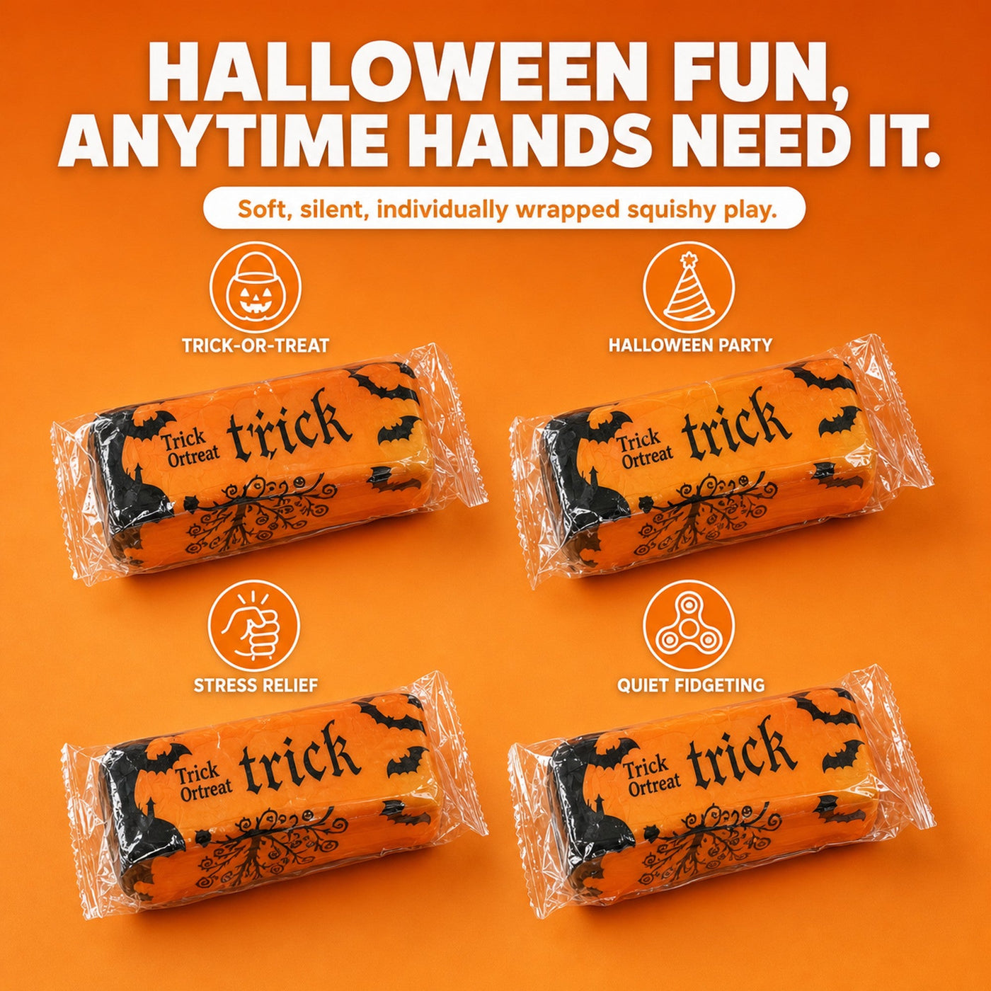 Orange Halloween trick-or-treat butter squishy in use