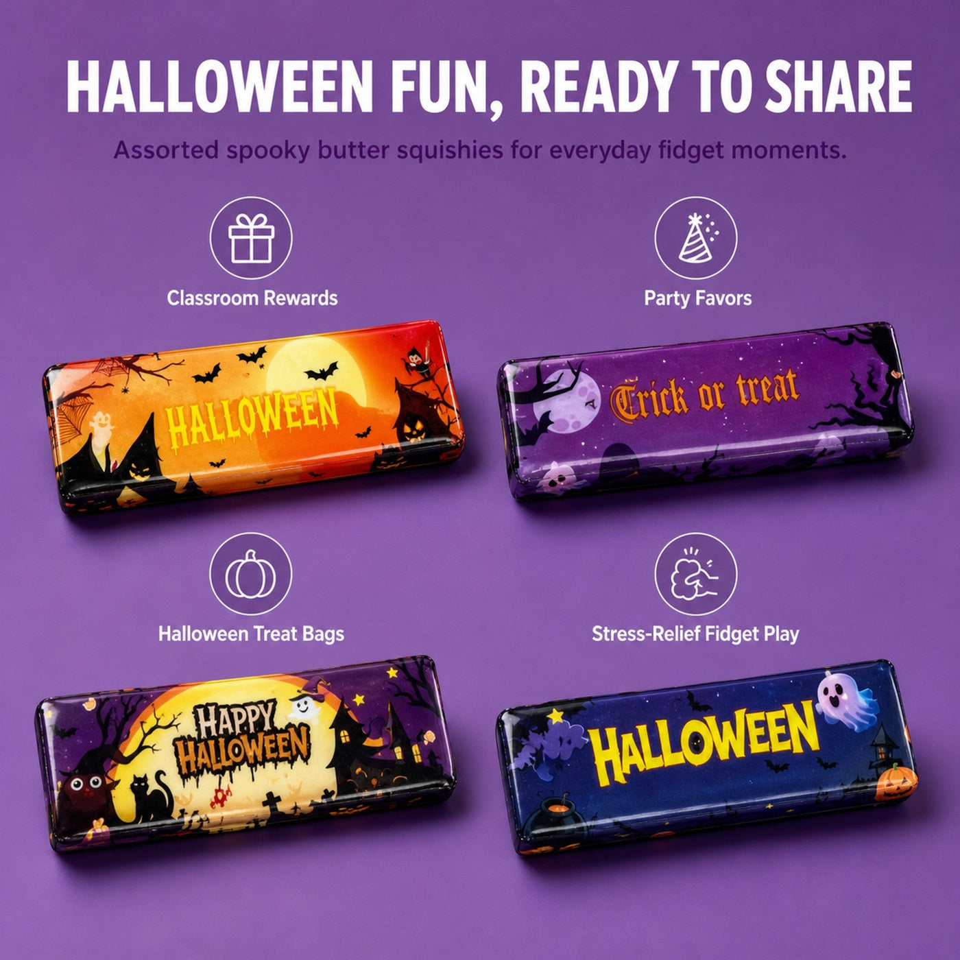 Assorted Halloween butter squishies used as classroom rewards