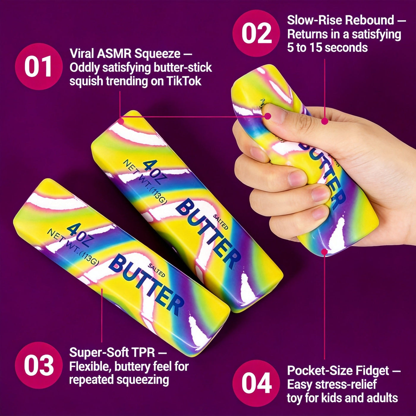 Viral butter squishy traits: ASMR squeeze, 5-15 second slow rebound, super-soft TPR