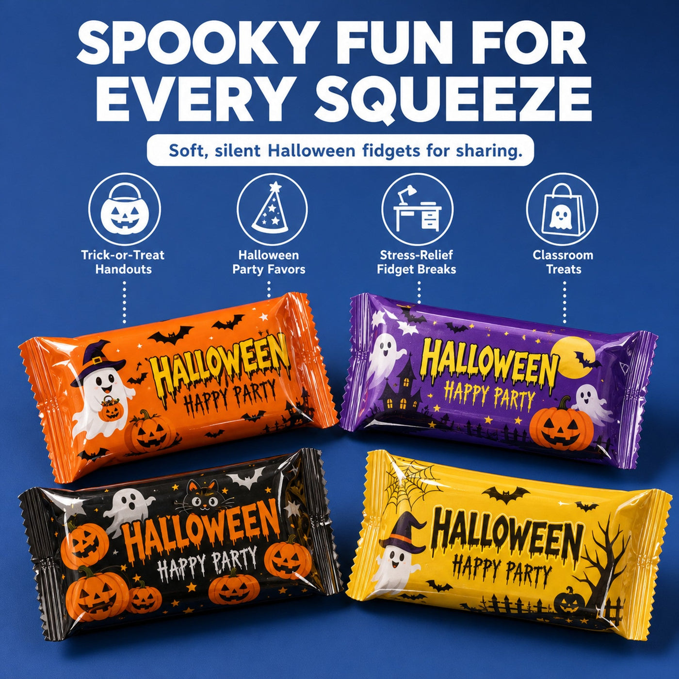 Assorted Halloween butter squishy party favors in use