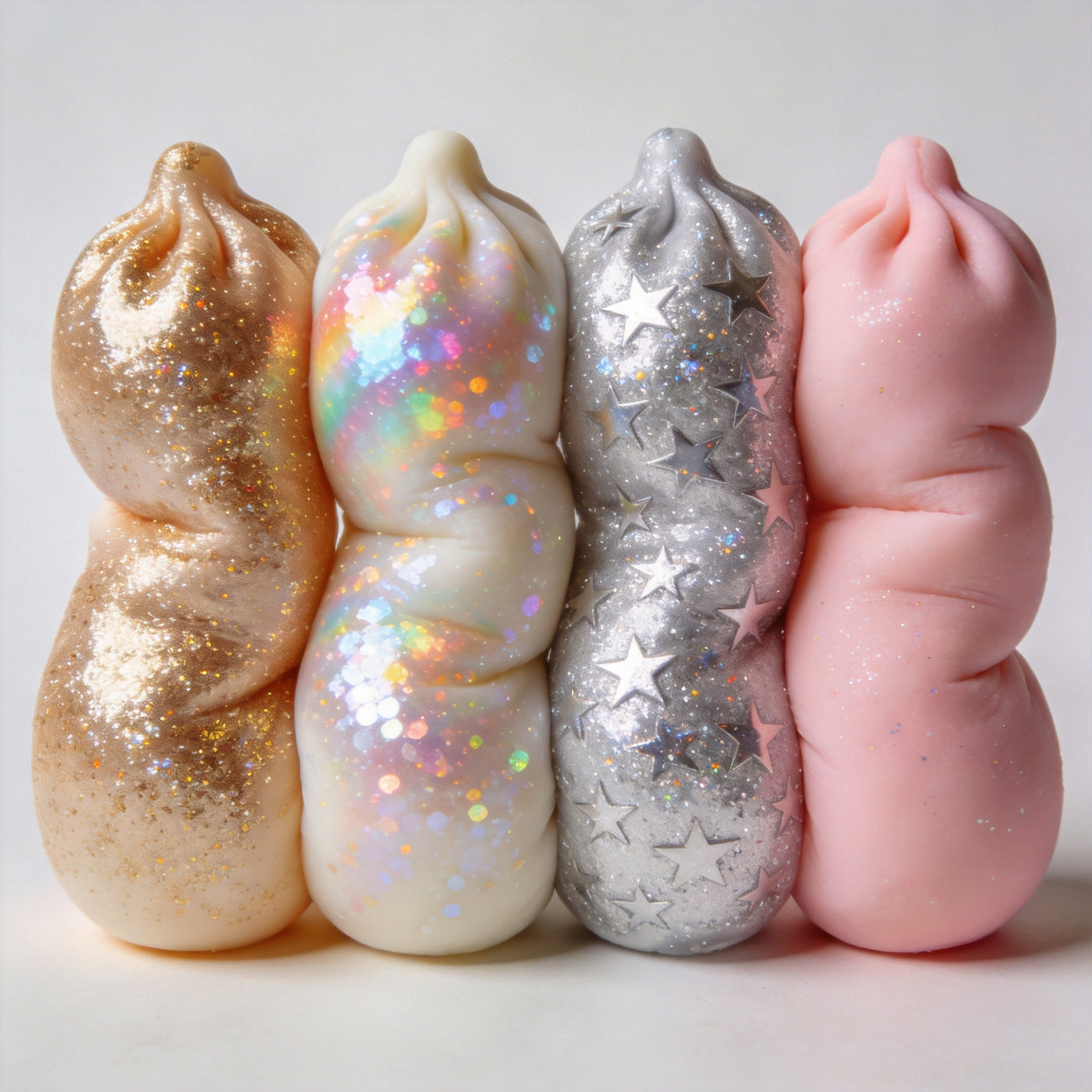 Four different glitter dumpling squishies in a pack