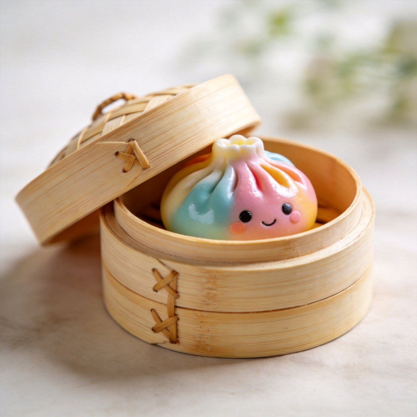 Dumpling squishy in a bamboo steamer box