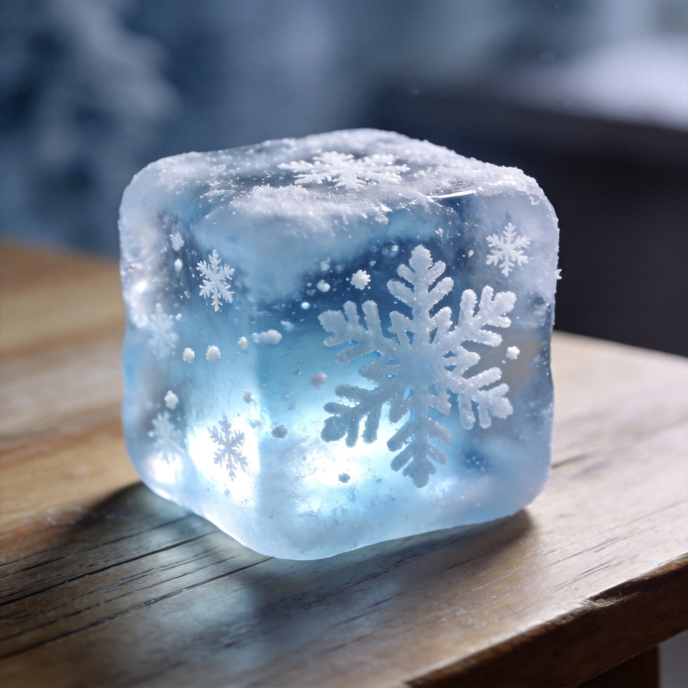 Snowflake ice cube squishy with light passing through