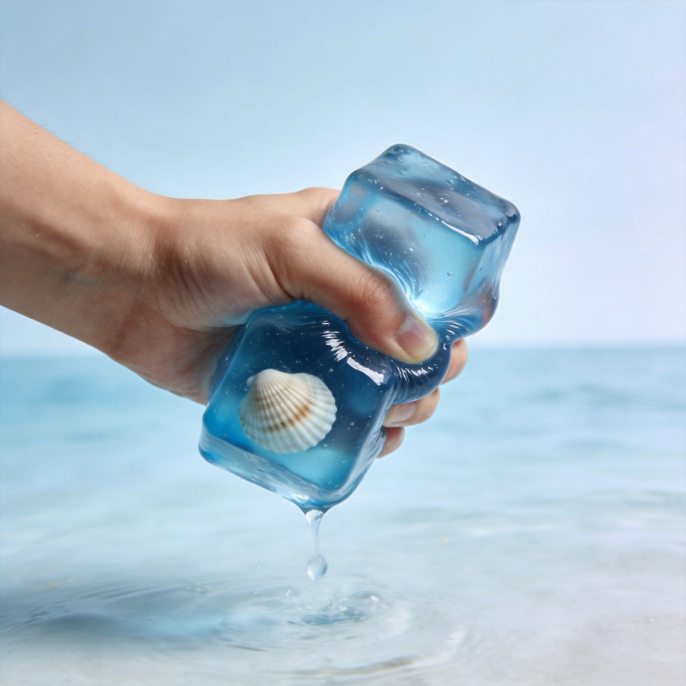 Hand squeezing and releasing an ocean cube squishy