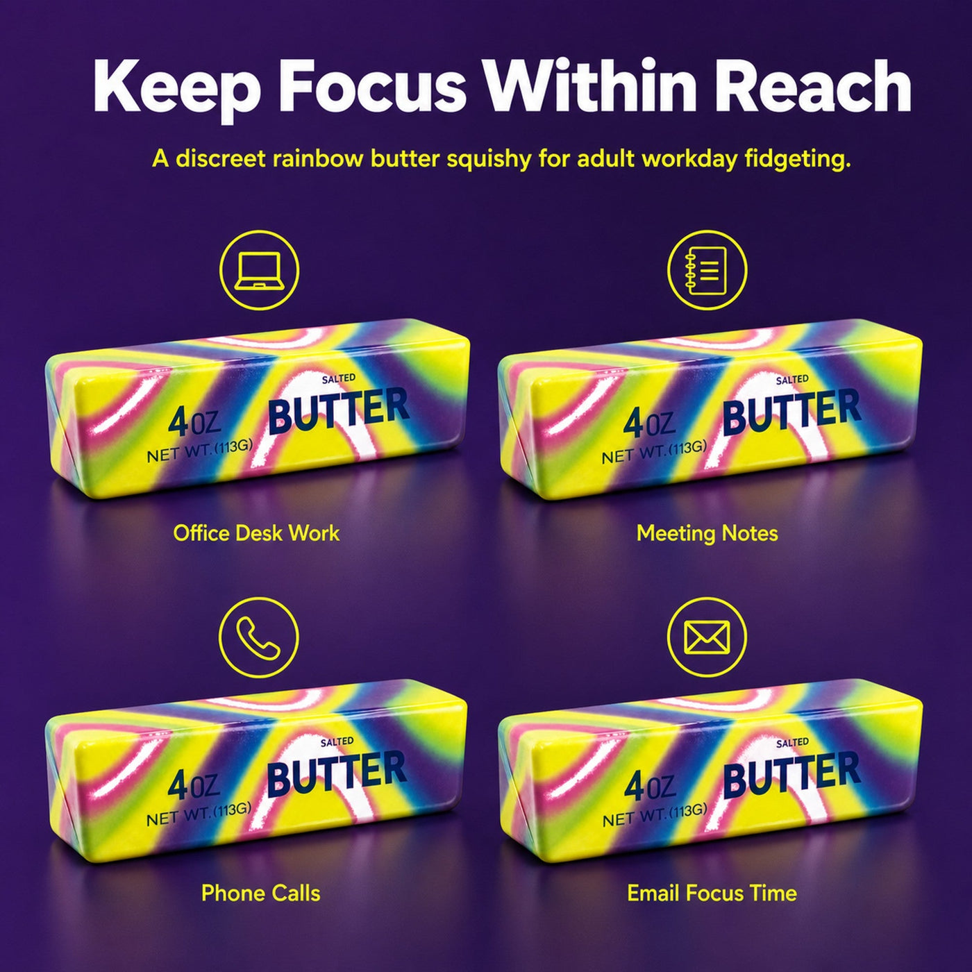 Rainbow butter squishy used as a discreet desk fidget across adult workday tasks like meeting notes, phone calls, and email focus time