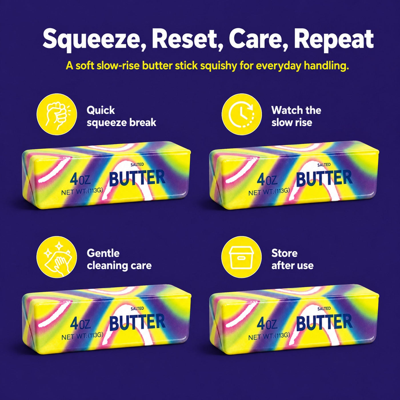 Four-panel care routine for a butter squishy: squeeze break, watch the slow rise, gentle cleaning, and storage