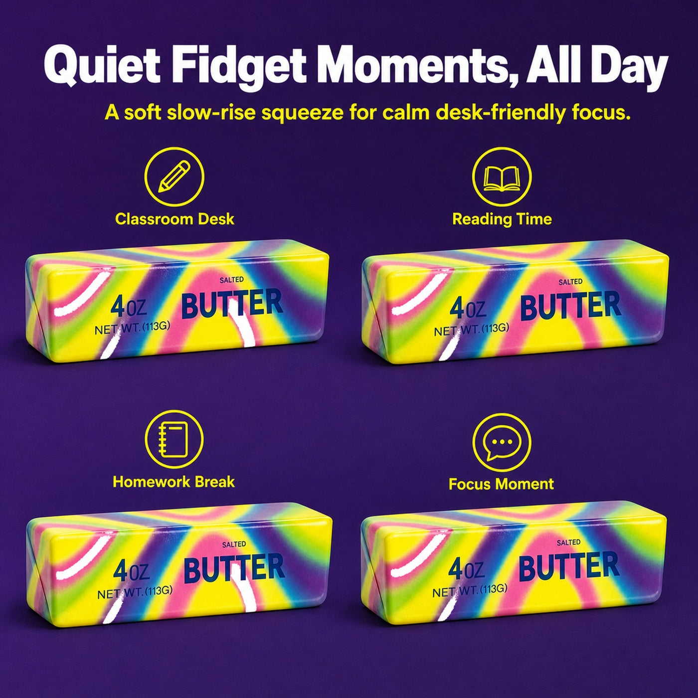 Four-panel grid showing the butter squishy used quietly at a classroom desk, during reading time, homework break, and focus moments