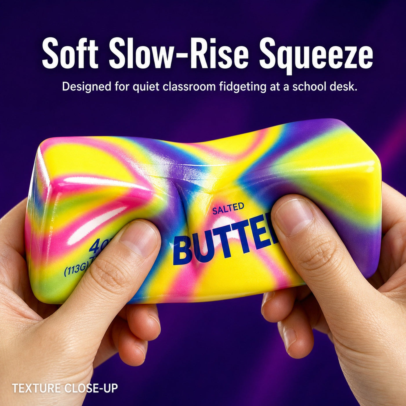 Two hands gently squeezing a colorful butter squishy to show its soft slow-rise texture