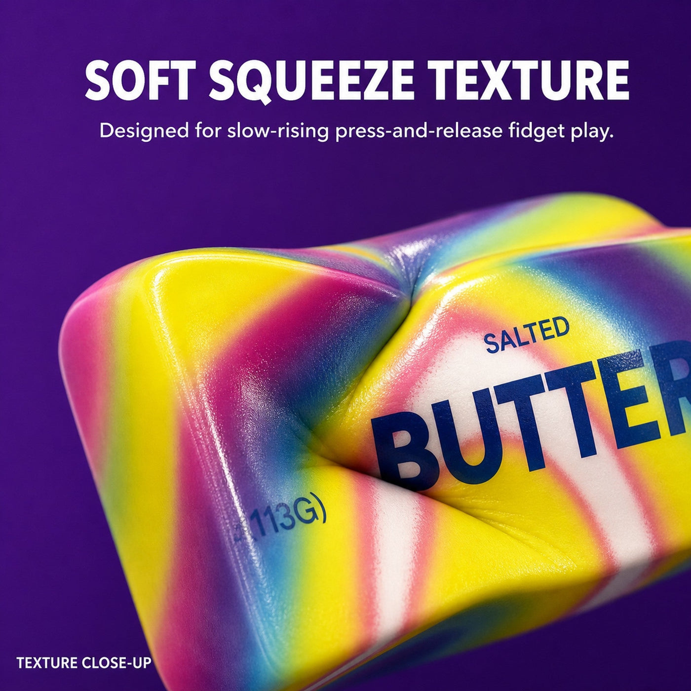 Close-up of the soft squeeze texture of a colorful butter squishy being gently pressed for slow-rising fidget play