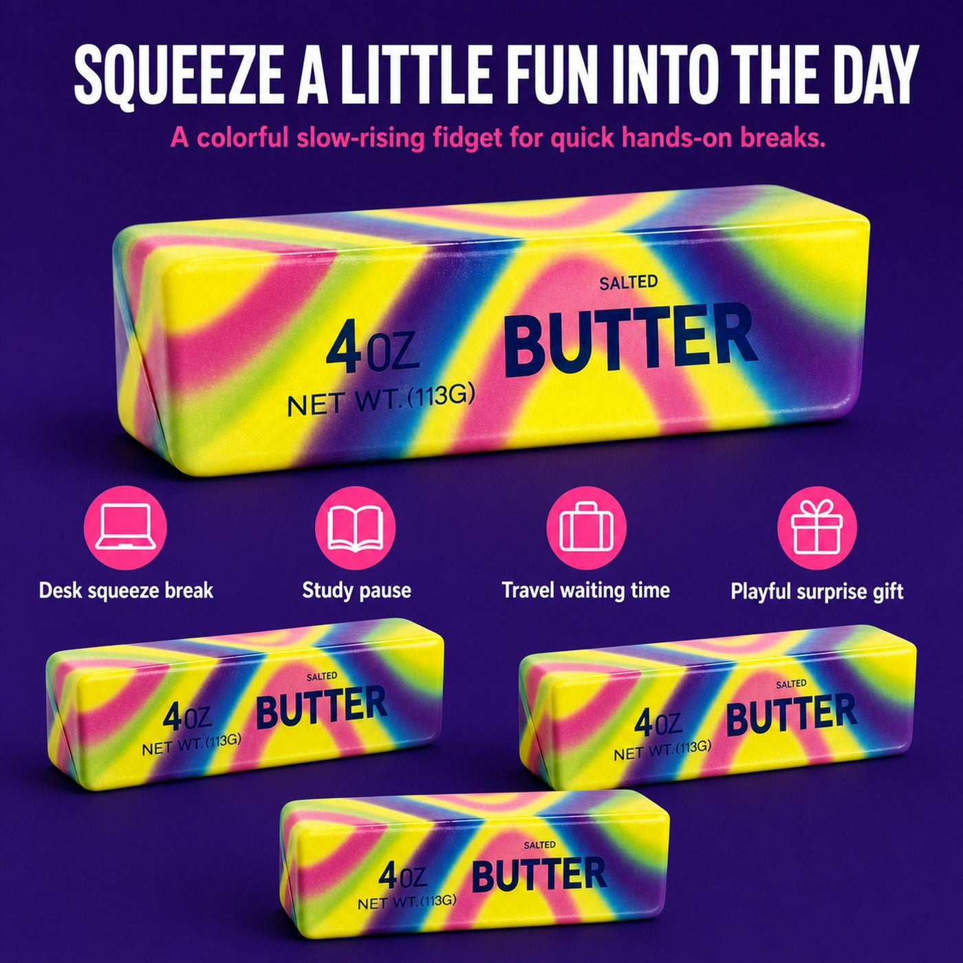 Jumbo and mini butter squishies shown with desk break, study, travel, and gift use-case icons
