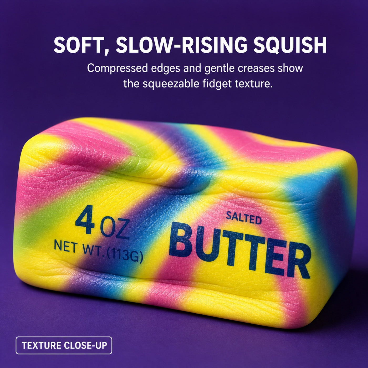 Close-up of a soft slow-rising butter squishy with compressed edges showing its squeezable fidget texture