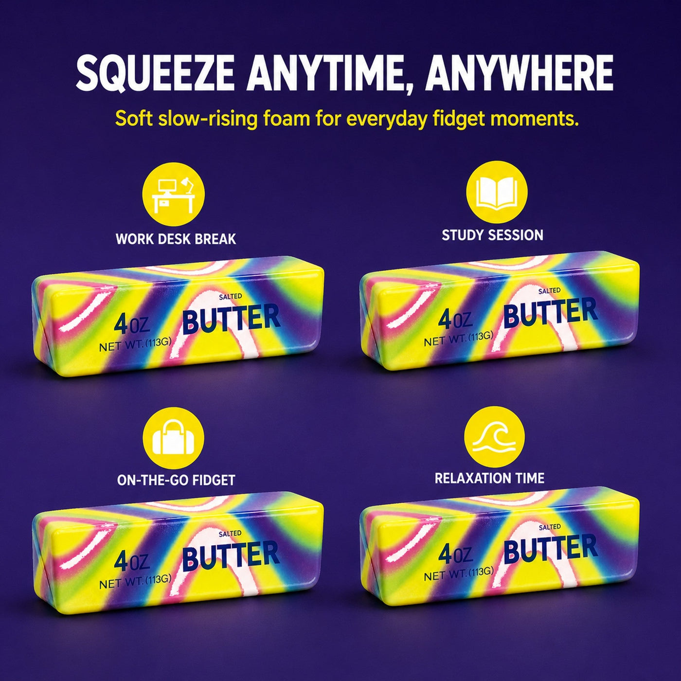 Four butter squishies arranged in a grid showing everyday use cases like work desk break, study session, on-the-go fidget and relaxation time