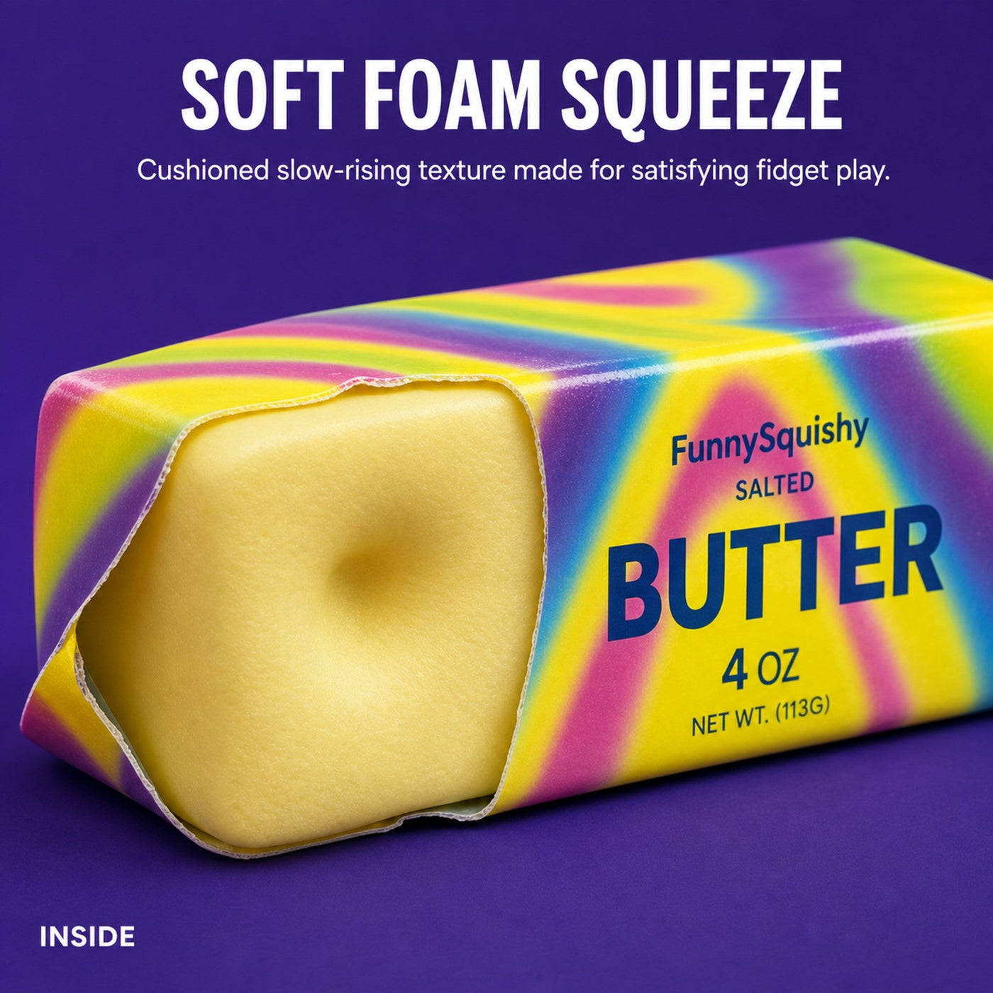 Butter squishy with its soft foam interior exposed, showing the cushioned slow-rising texture used for fidget play