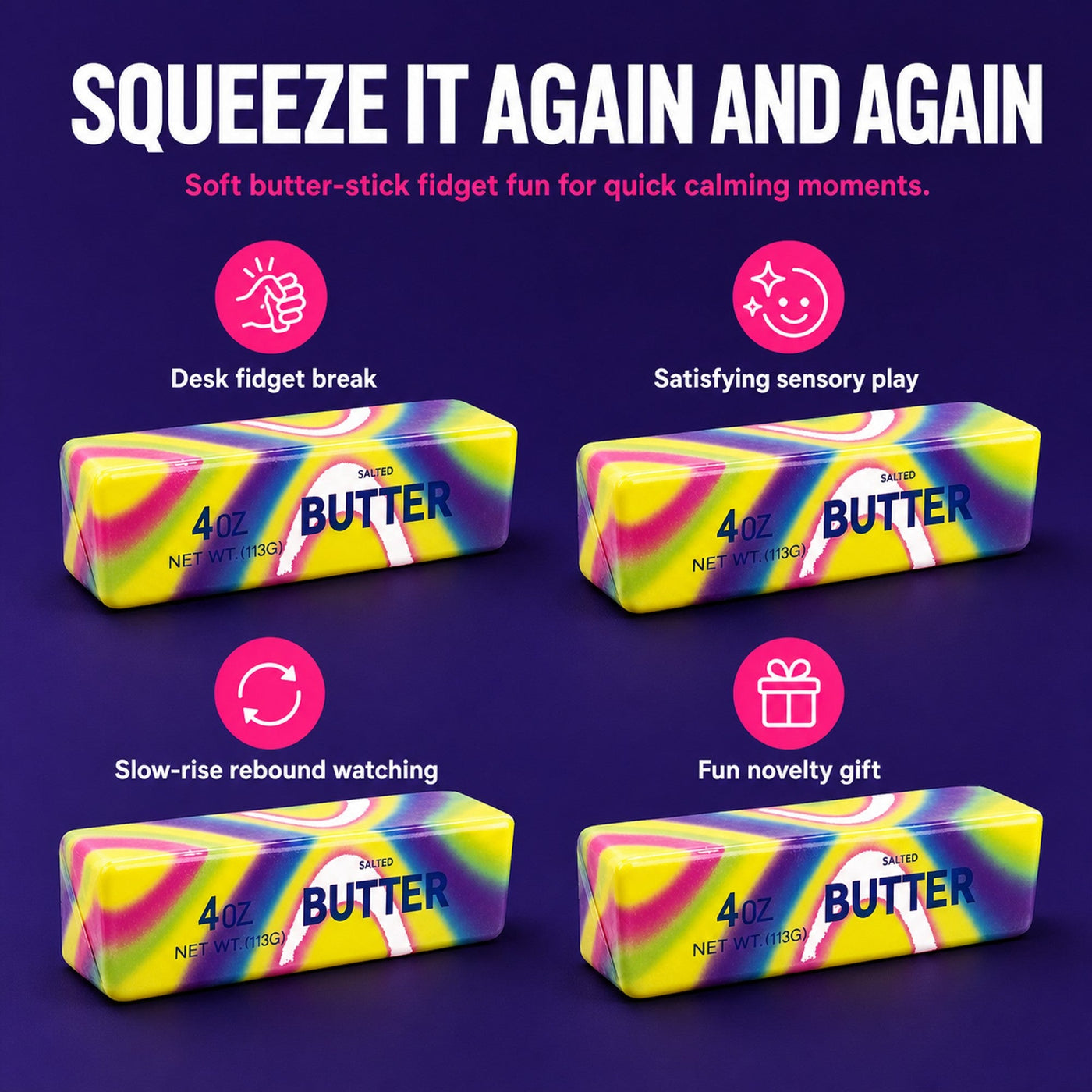 Butter stick squishy shown in everyday fidget moments like desk breaks and calming sensory play