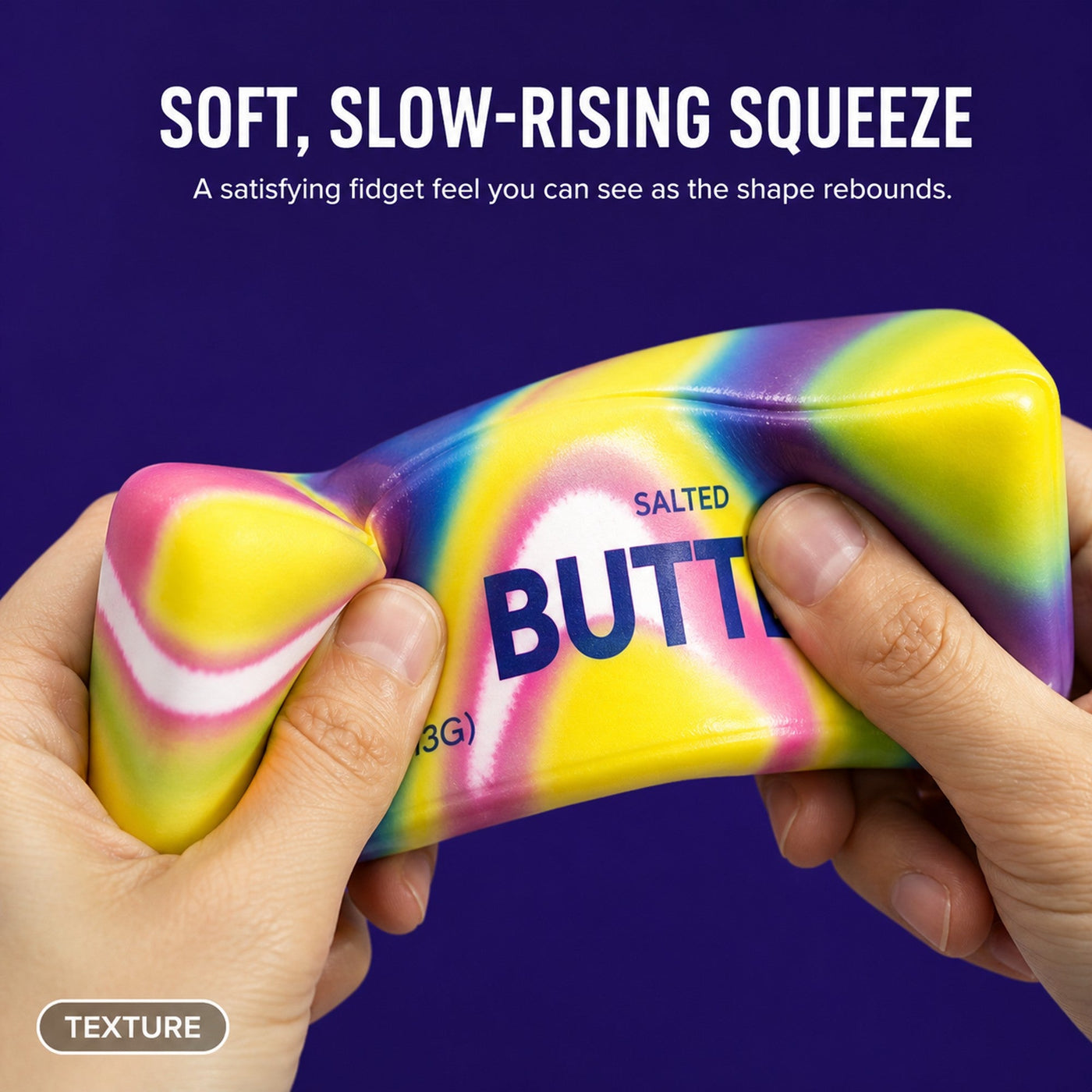 Two hands stretching a soft slow-rising butter squishy to show its satisfying rebound texture