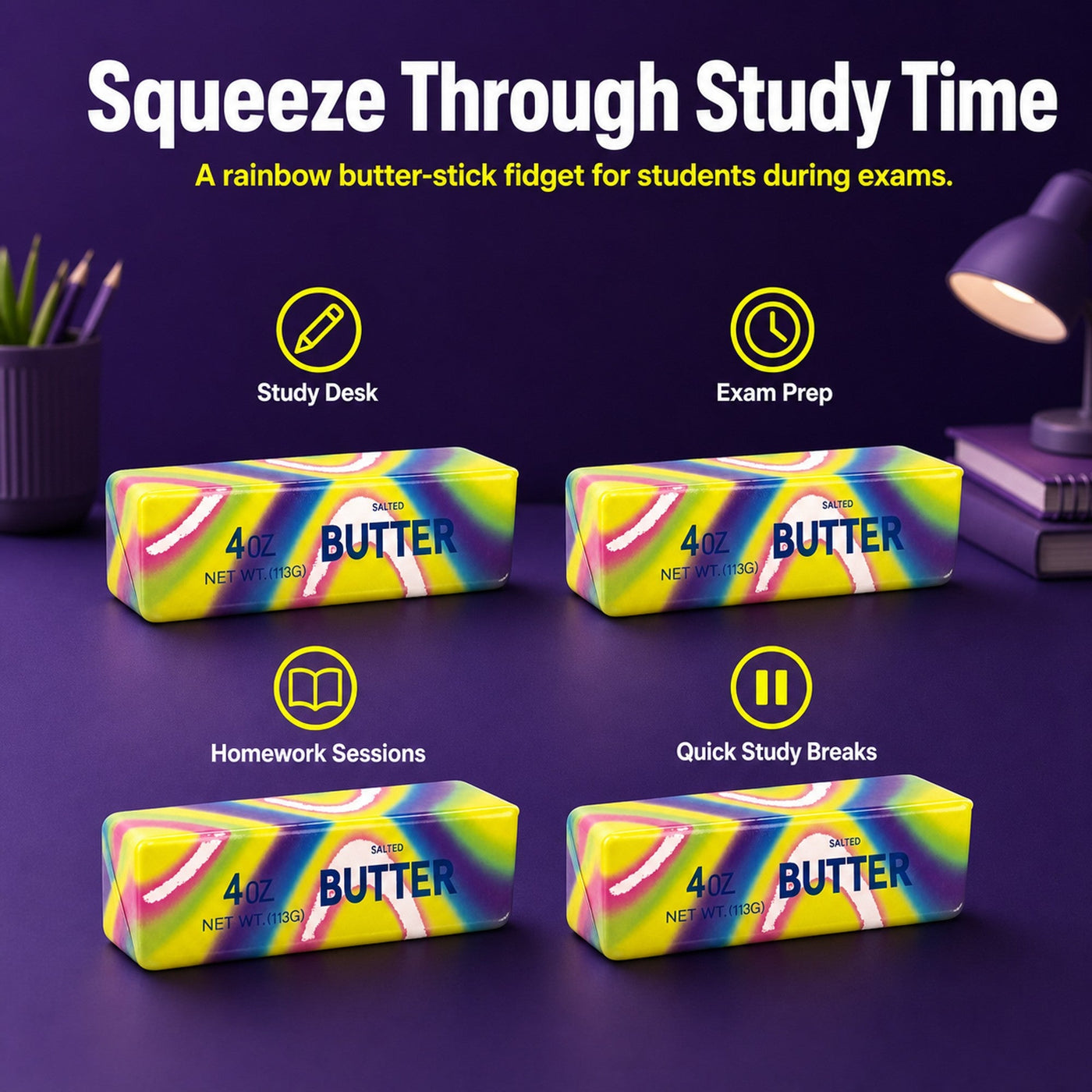 Rainbow butter-stick squishies arranged on a study desk for exam prep, homework sessions, and quick study breaks