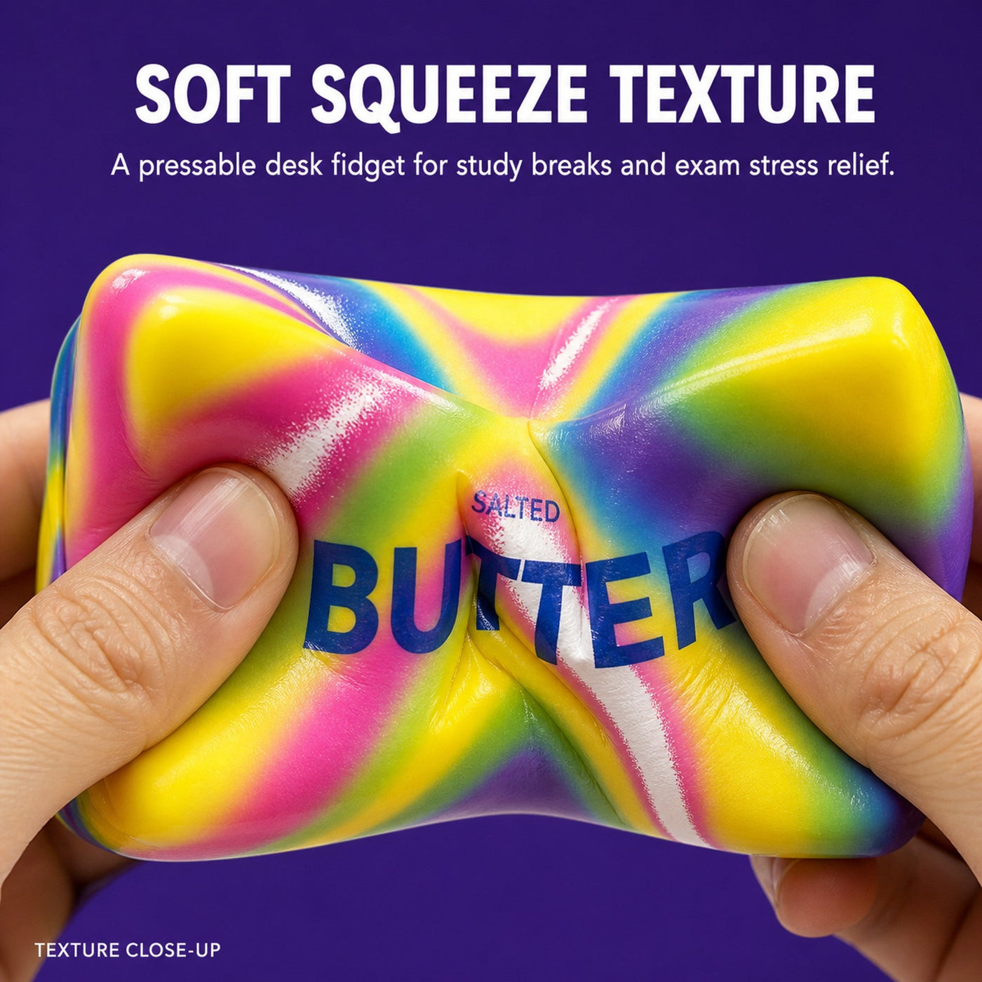 Hands squeezing a soft rainbow butter squishy to show its pressable slow-rebound texture for study breaks and exam stress relief