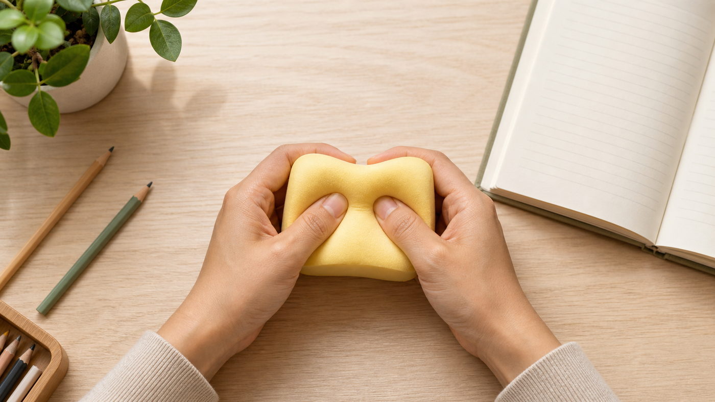 Hands squeezing a butter squishy toy at a desk, suggesting stress relief and sensory focus