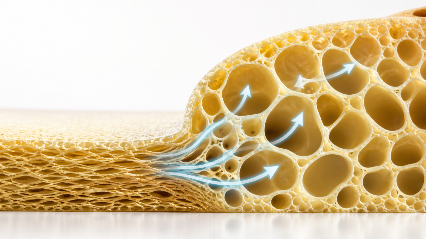 Cross-section diagram of slow-rising polyurethane foam showing compressed and expanded air cell structures