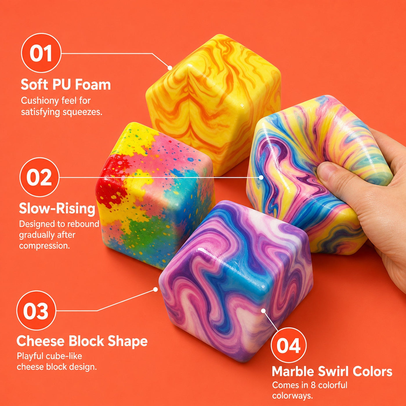Cheese squishy key features: soft PU foam, slow-rising, cheese block shape, marble swirl colors