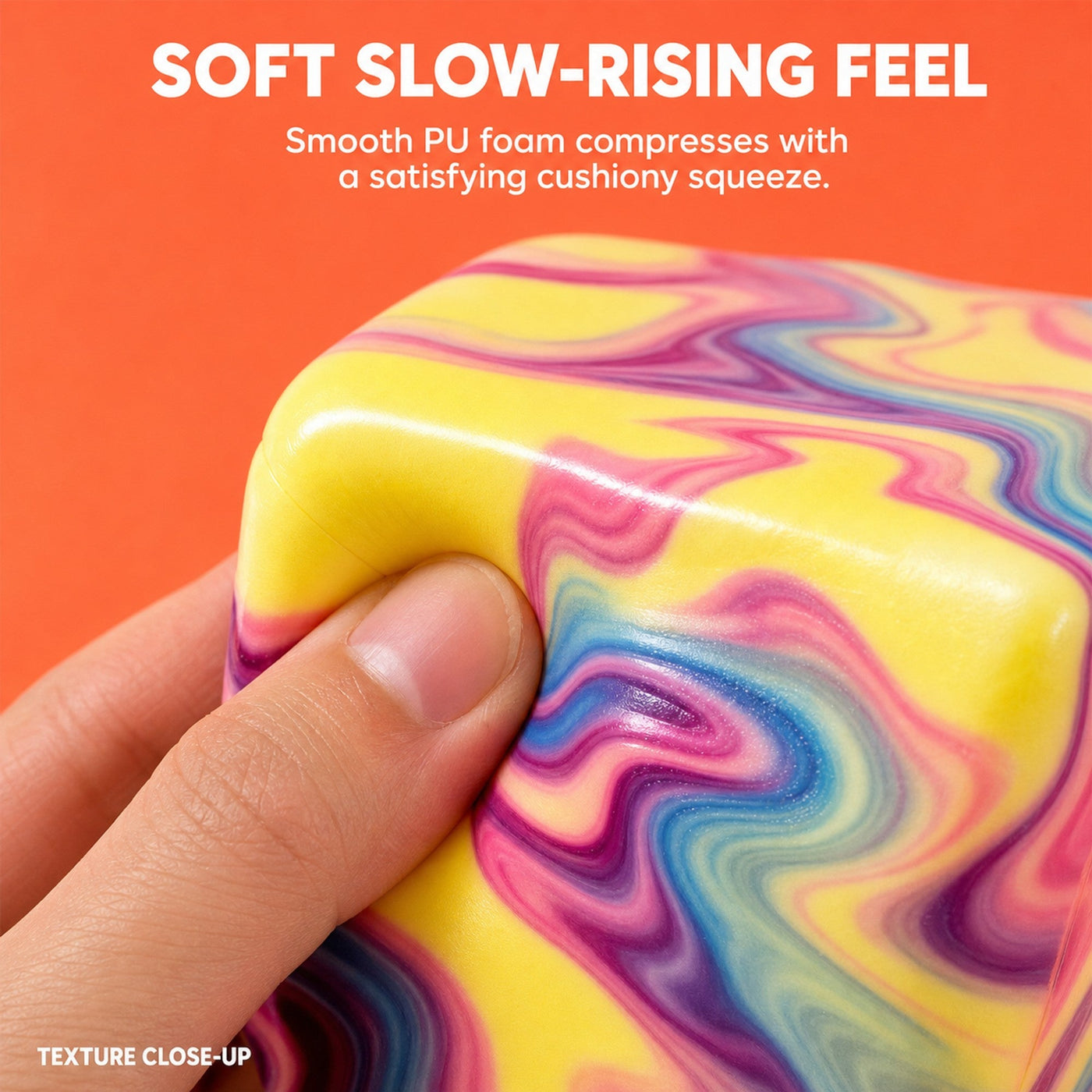 Soft slow-rising PU foam texture close-up of a cheese cube squishy being pressed