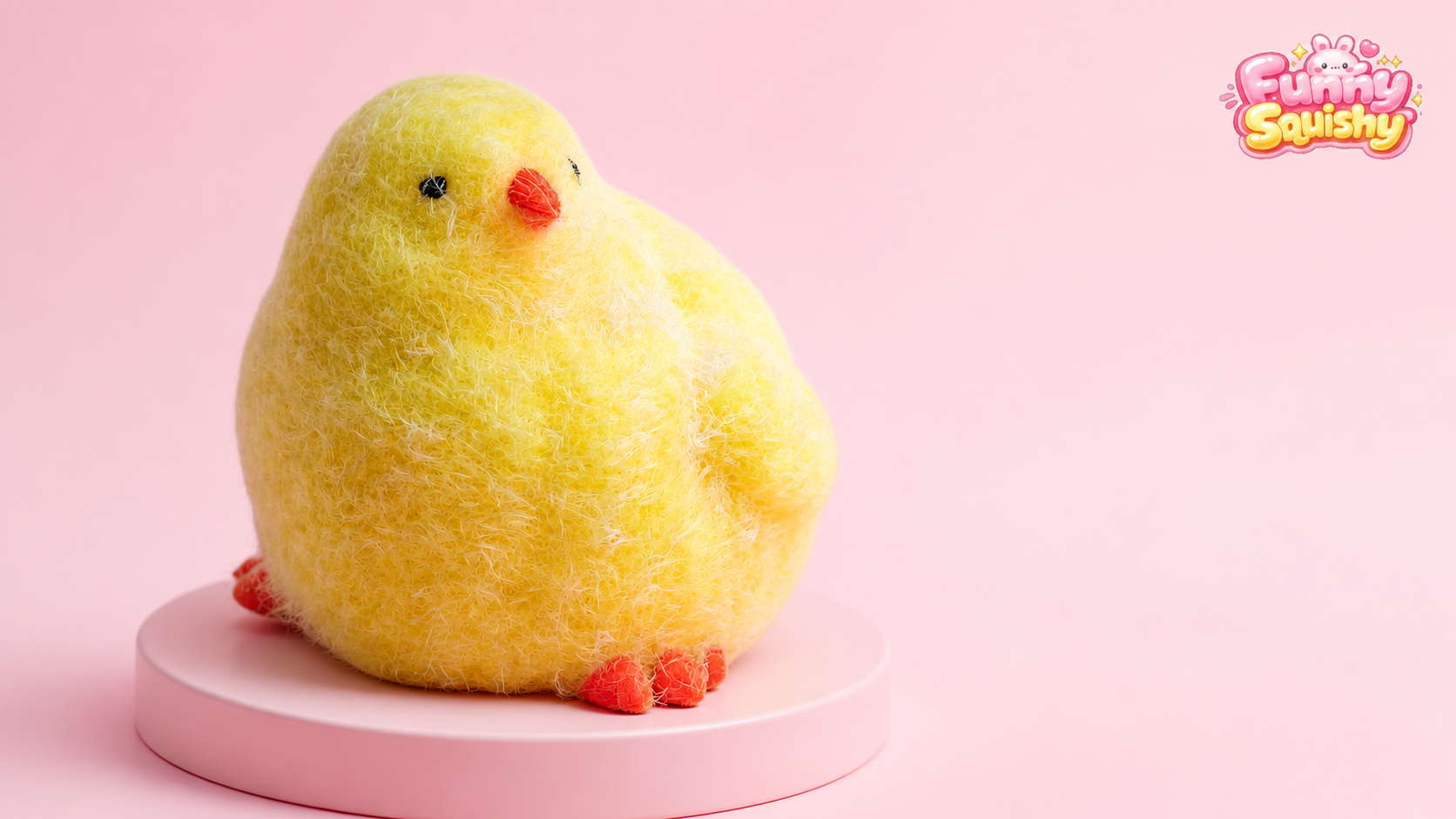 Yellow Taba-style chick squishy on a pink studio display