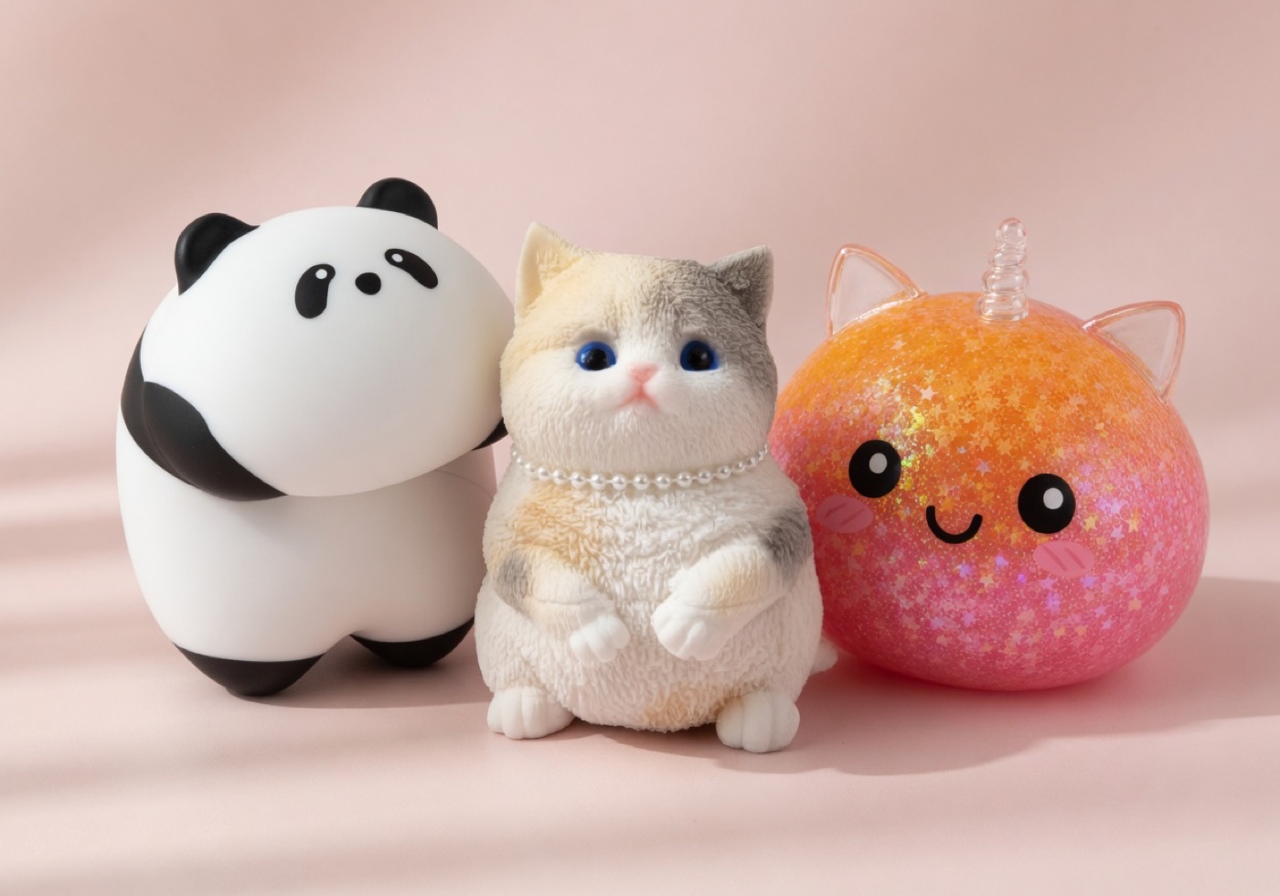 Animal-shaped slow-rising squishy toys including a panda, cat, and unicorn