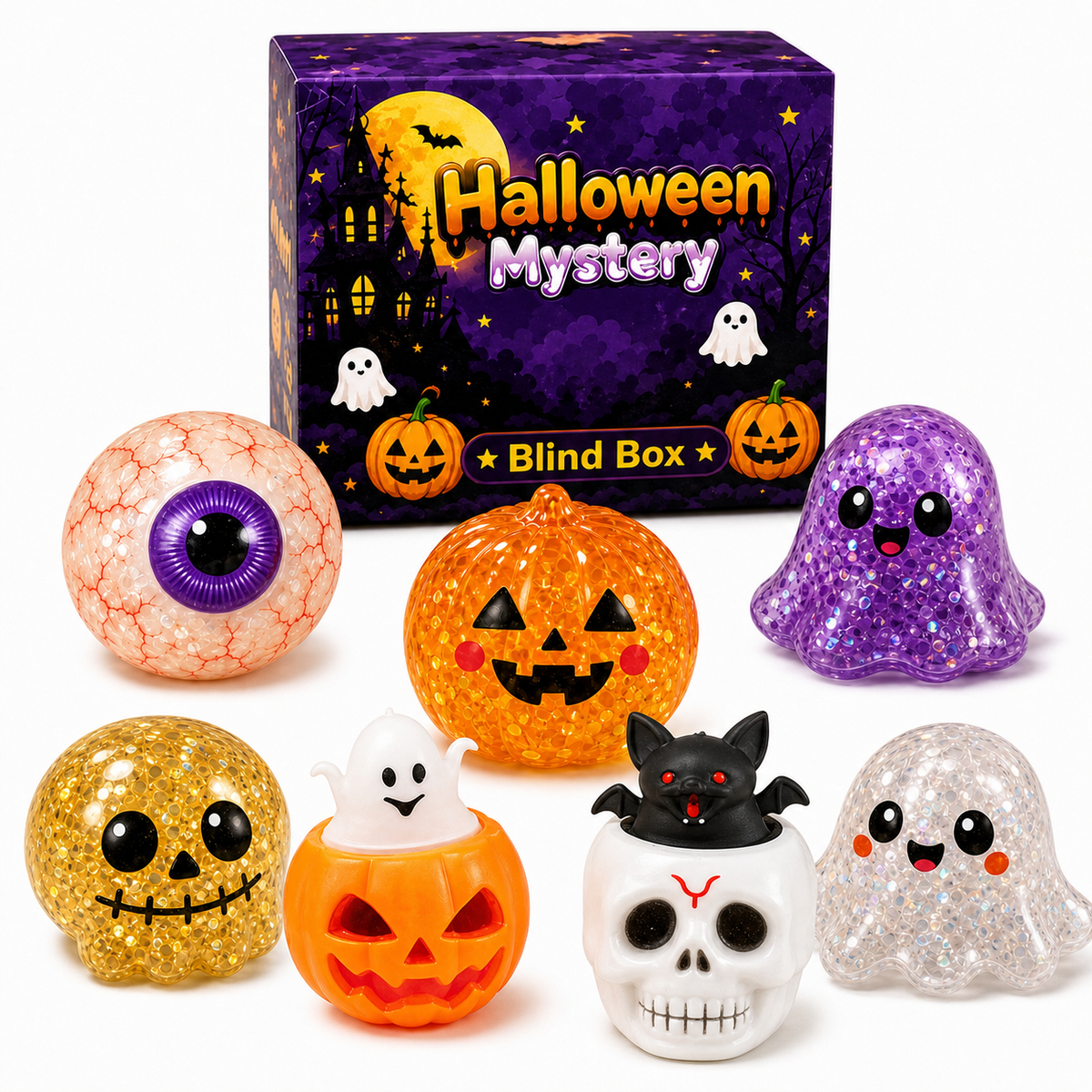 Halloween Squishy Set – 7 Pack Mystery & Pop-Up Squeeze Toys