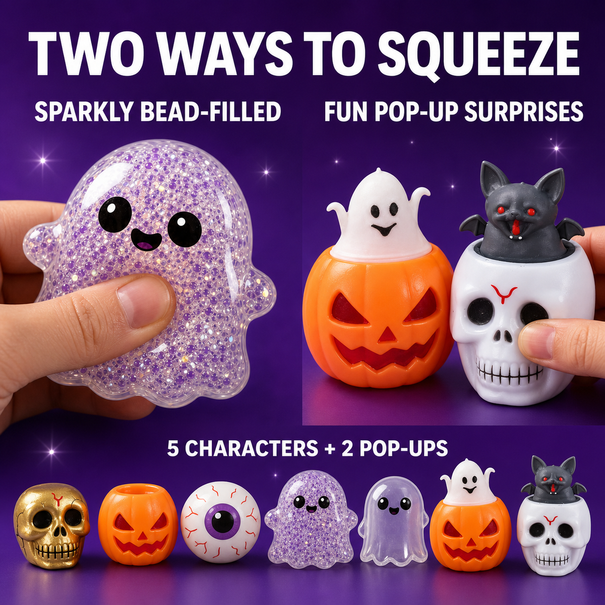Halloween squishy set with bead-filled and pop-up squeeze styles
