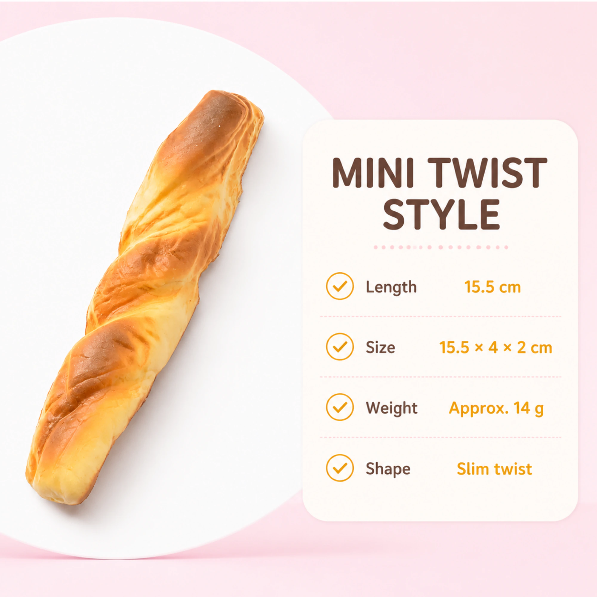 15.5 cm Mini Twisted Baguette Squishy design details and full-shape overview
