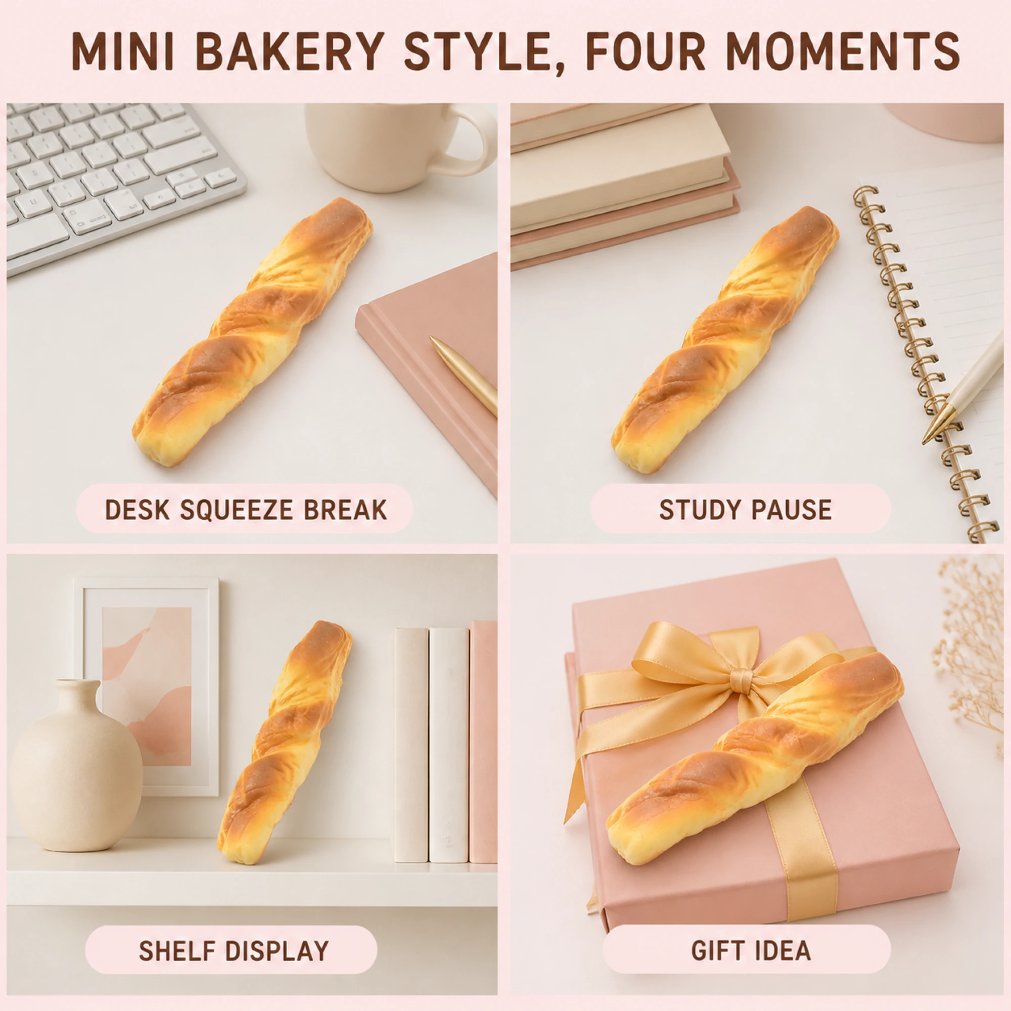 15.5 cm Mini Twisted Baguette Squishy shown in desk break, study, shelf display and gift scenes