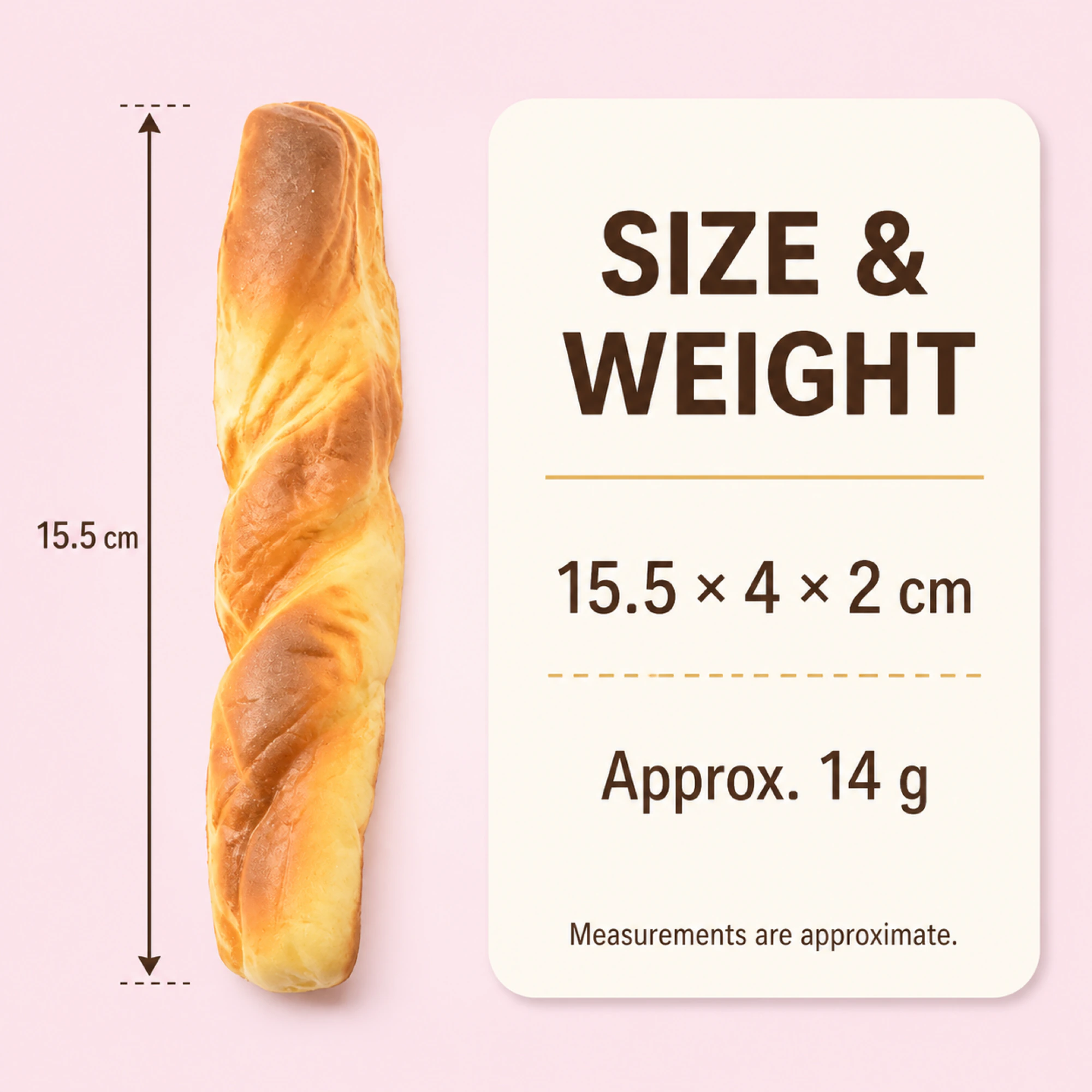 15.5 cm Mini Twisted Baguette Squishy specification card with supplied approximate size and weight details