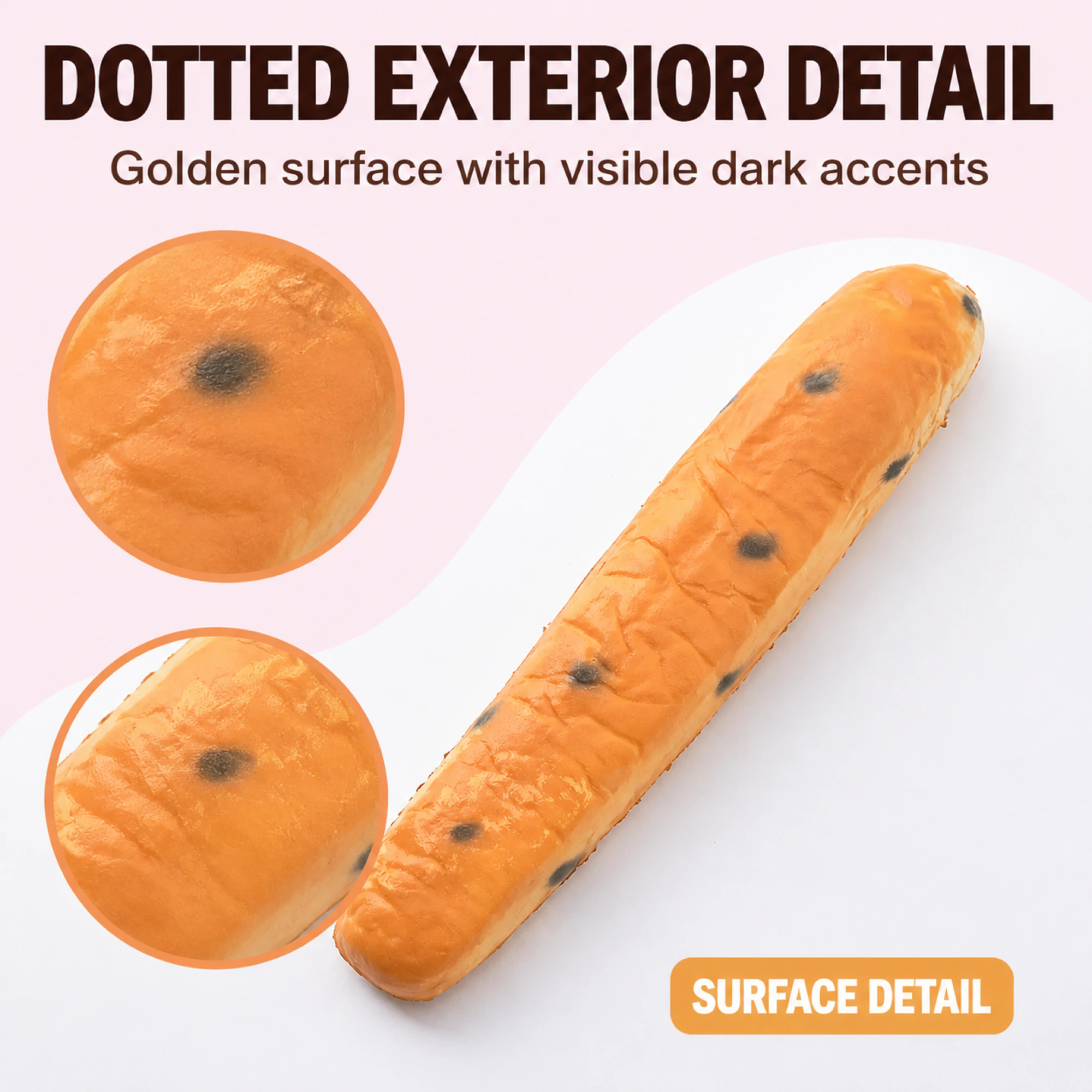 Gepunktetes Baguette-Squishy 16 cm — mit Detailansicht der Oberfläche
