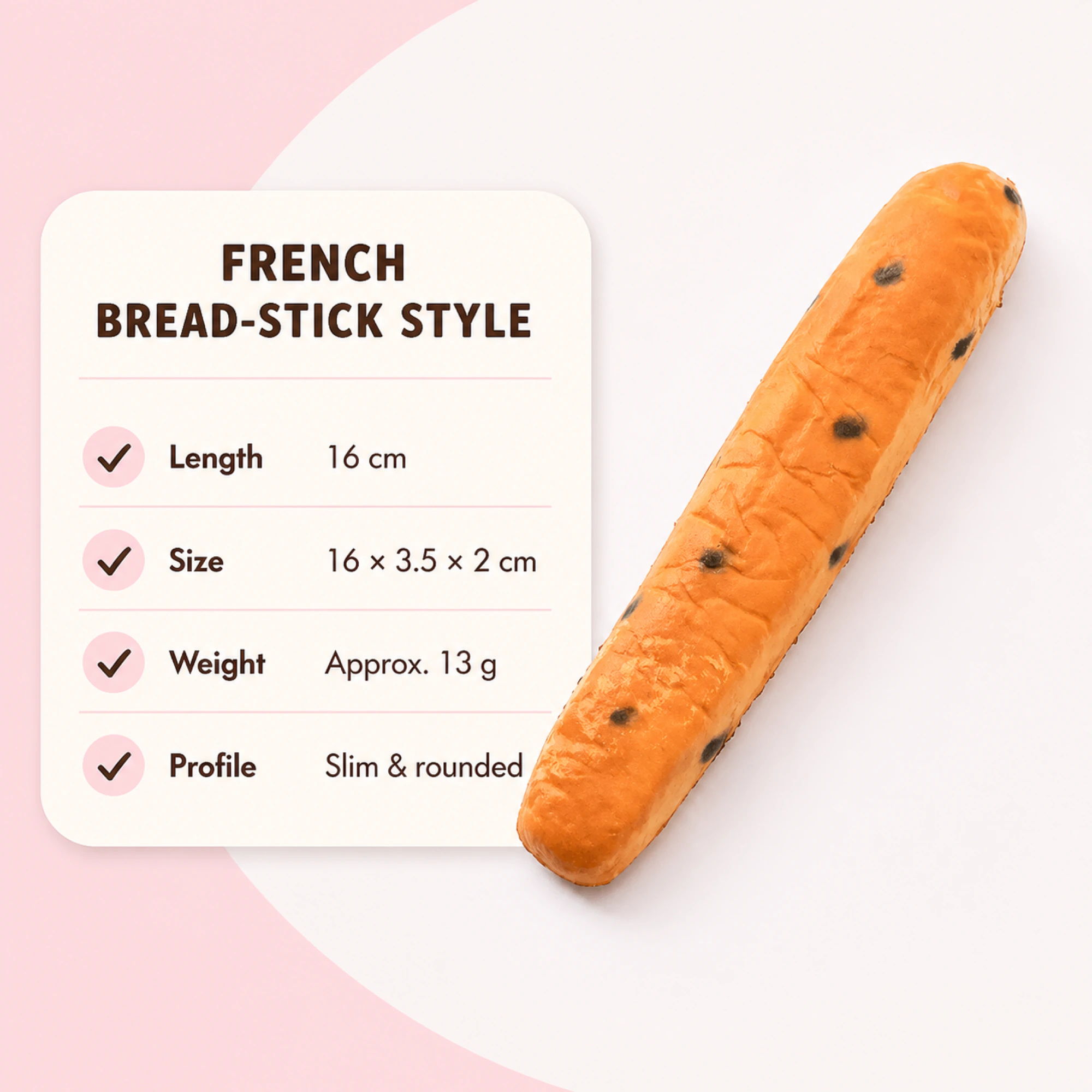 Gepunktetes Baguette-Squishy 16 cm — mit Design-Details